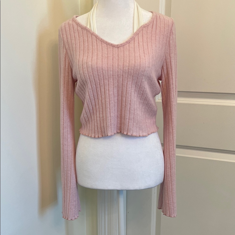 SHEIN Light Pink Ribbed Knit Top w/ Bell Sleeves Juniors M